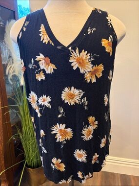 Maurices Black V-Neck Tank with Yellow Daisy Print 1x